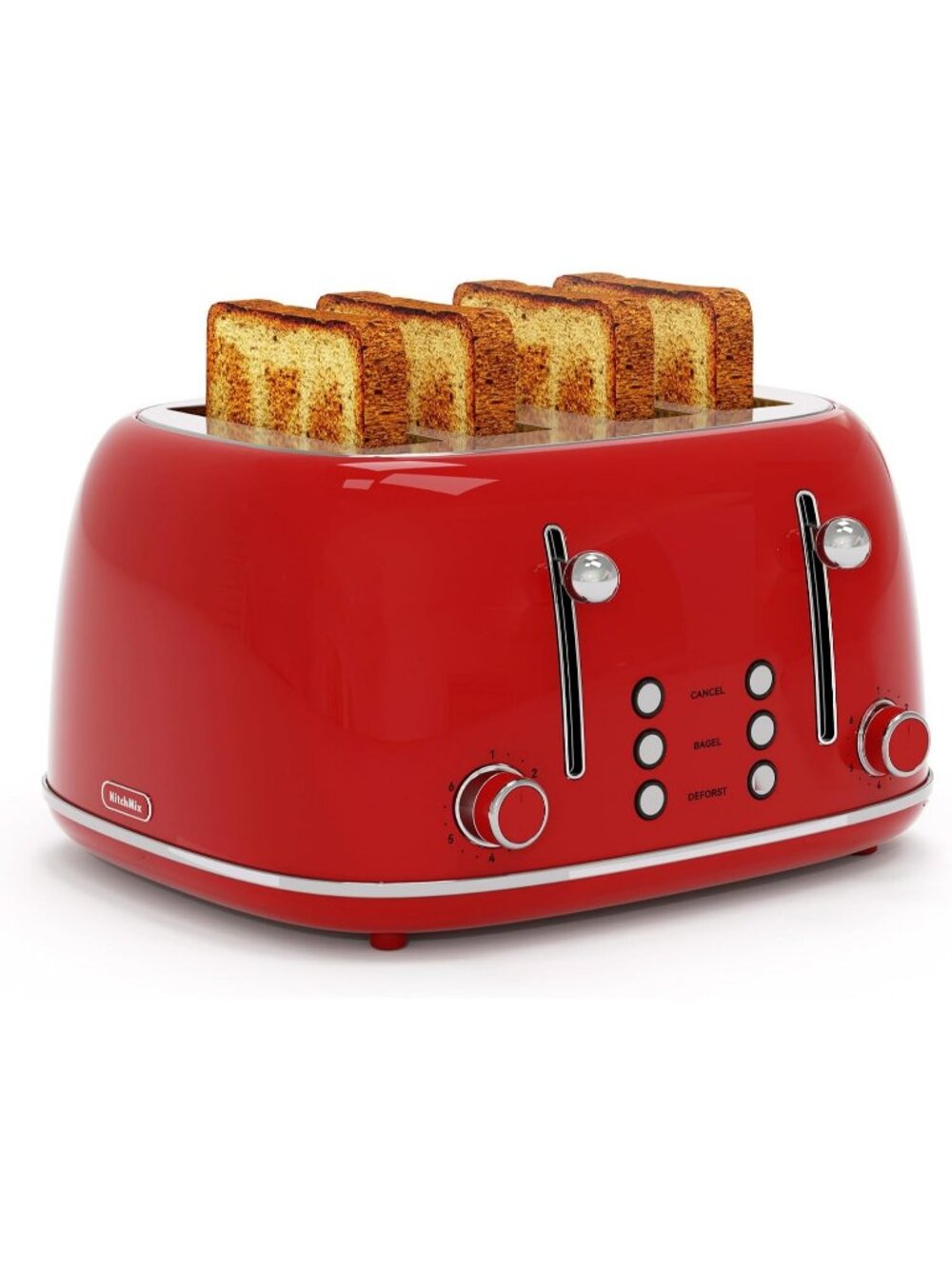4 Slice Red Retro Stainless with 6 Bread Shade Settings 1.5''Wide Slots Toaster